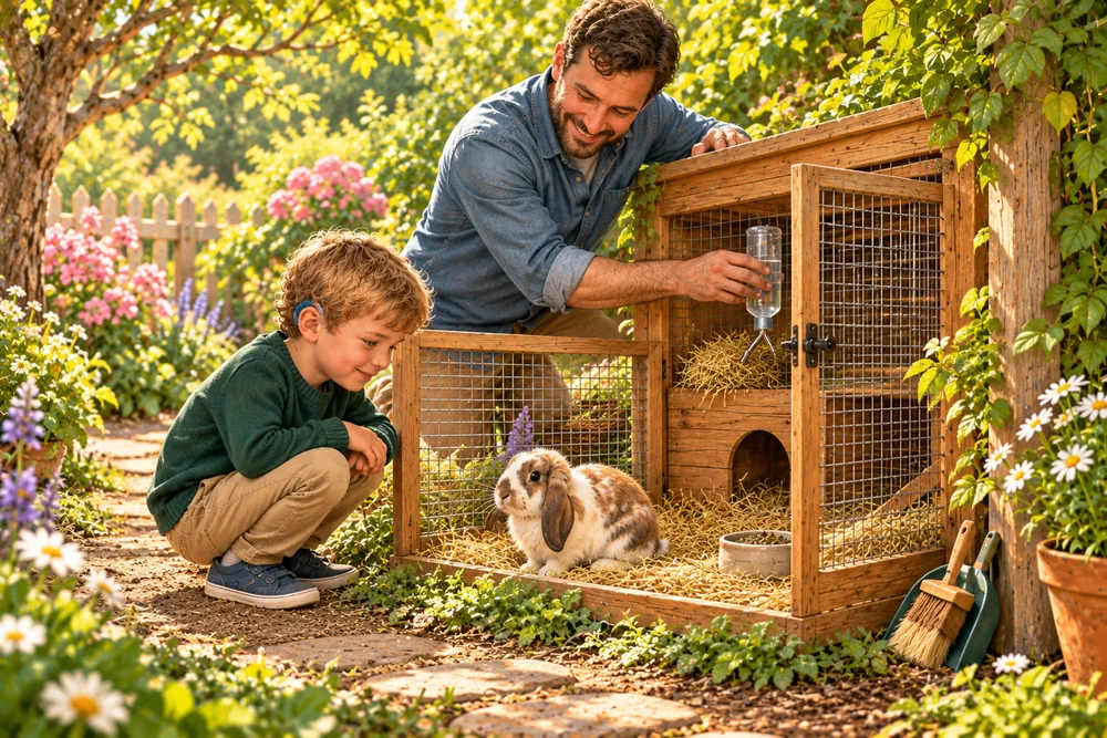 Owen and Dad care for Pip the rabbit beside his hutch