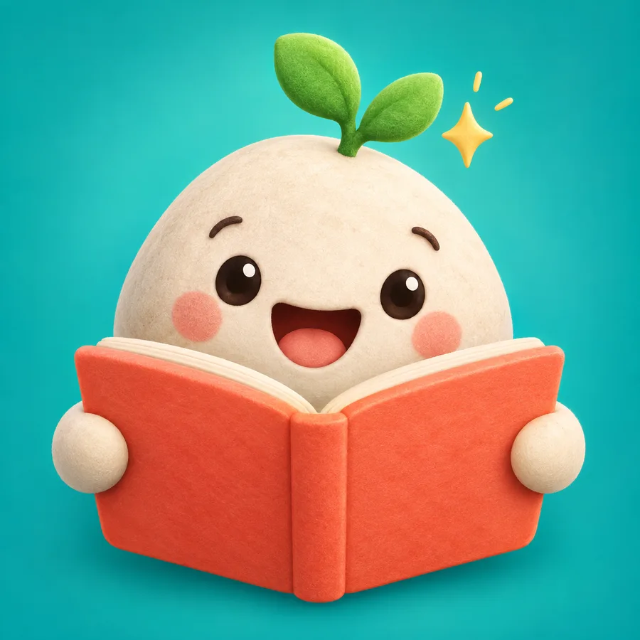 Peblumi’s cheerful sprout-topped friend reading a coral storybook